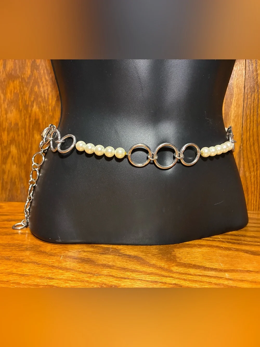 Y2K Vintage Pearl Silver Circle Link Chain Belt Adjustable 44.75”